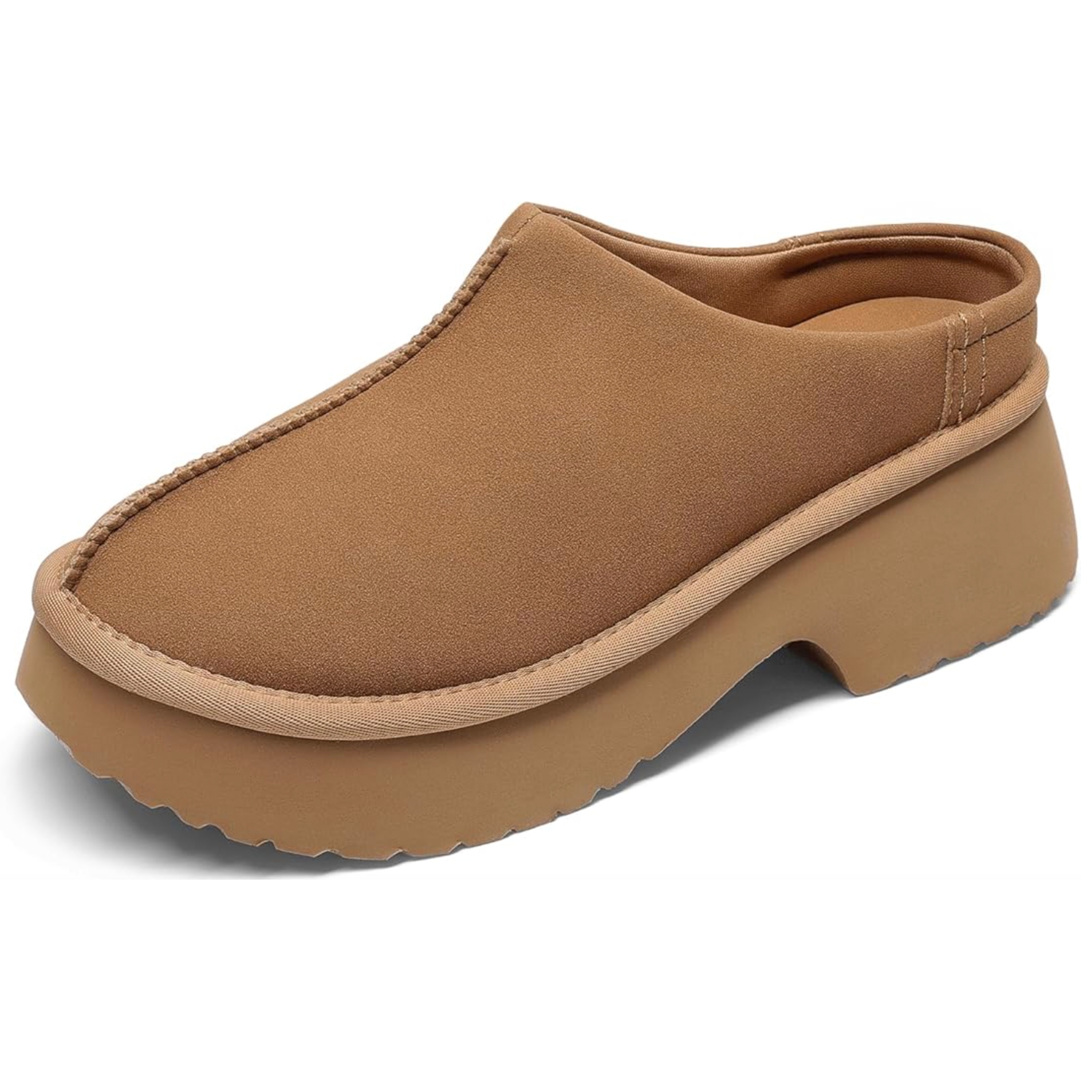A tan slip-on clog with a thick sole and closed toe, featuring prominent stitch detailing and a slightly elevated heel for casual wear.