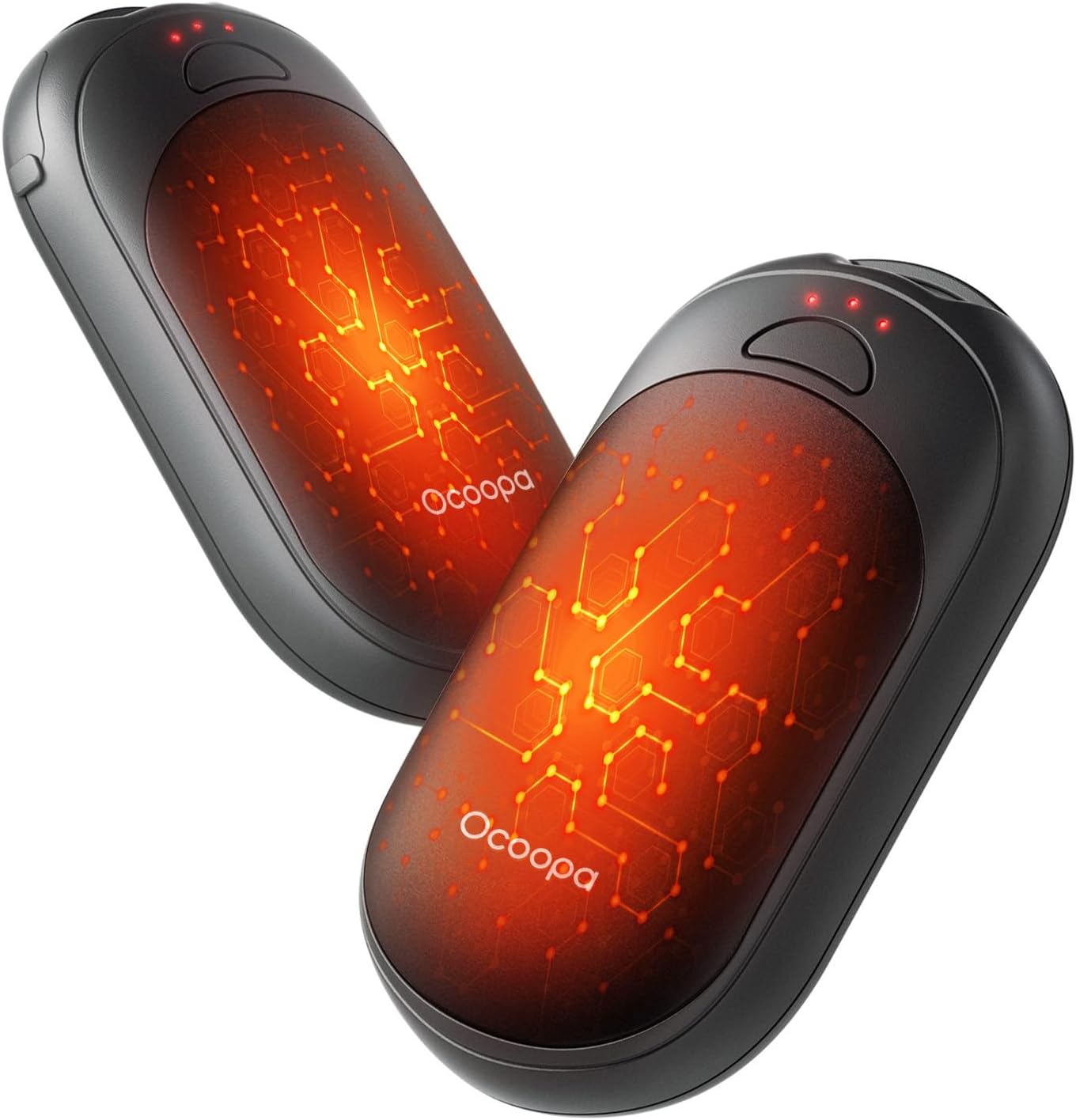 Two Ocoopa rechargeable hand warmers with a sleek black design and glowing orange circuitry pattern, featuring dual LED indicators on each device.