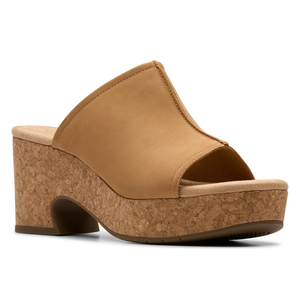 Tan wedge sandal with a cork platform and open toe design.