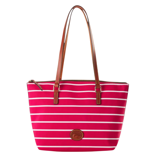 A pink tote bag with white horizontal stripes and brown leather handles.