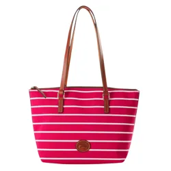 A pink tote bag with white horizontal stripes and brown leather handles.