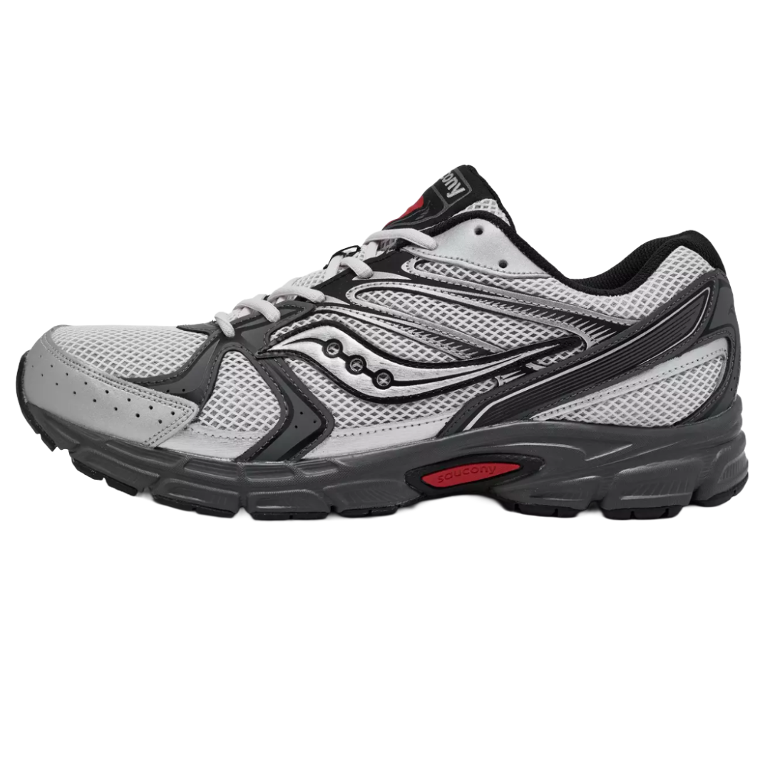 A white and gray athletic sneaker with mesh panels, contrasting black accents, and a thick sole, featuring the Saucony logo on the side.