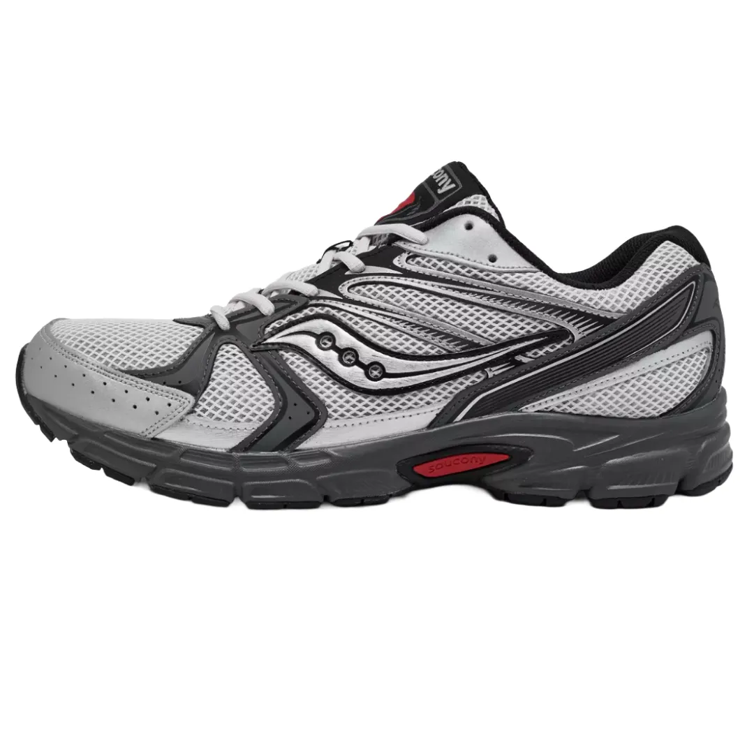 A white and gray athletic sneaker with mesh panels, contrasting black accents, and a thick sole, featuring the Saucony logo on the side.