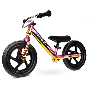 The KRIDDO Toddler Balance Bike features a colorful frame with a gradient design, two black wheels, and ergonomic handlebars. It includes a number plate labeled \“007\“ and is designed to help toddlers learn balance and coordination.