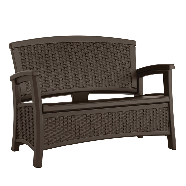 The Suncast Patio Loveseat with Storage is a brown, resin bench featuring a woven wicker design. It includes storage space beneath the seat for outdoor accessories.