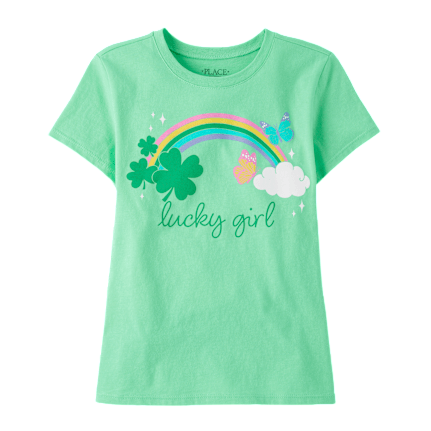 Green t-shirt featuring a rainbow, shamrocks, butterflies, and a cloud with the text \“lucky girl\“ on the front.