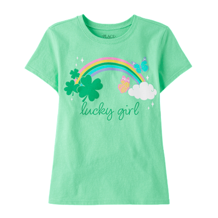 Green t-shirt featuring a rainbow, shamrocks, butterflies, and a cloud with the text \“lucky girl\“ on the front.