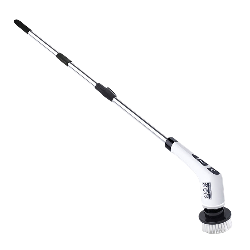 An electric spin scrubber with an extendable handle and a round brush head, designed for cleaning various surfaces.