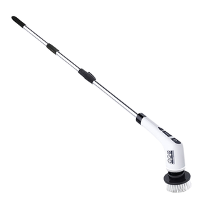 An electric spin scrubber with an extendable handle and a round brush head, designed for cleaning various surfaces.