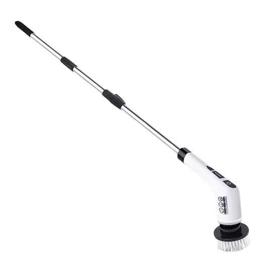 An electric spin scrubber with an extendable handle and a round brush head, designed for cleaning various surfaces.