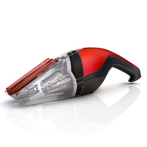 The Dirt Devil Quick-Flip Handheld Vacuum is a compact, cordless cleaning device with a red and black design, featuring a clear dust container and a quick-flip crevice tool for easy access to tight spaces.