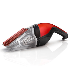 The Dirt Devil Quick-Flip Handheld Vacuum is a compact, cordless cleaning device with a red and black design, featuring a clear dust container and a quick-flip crevice tool for easy access to tight spaces.