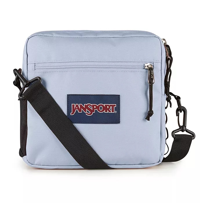 Light blue JanSport crossbody bag with a front zipper pocket and a black adjustable strap.
