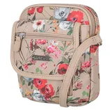 A compact, floral-patterned crossbody bag with a beige background, featuring a front zipper pocket, flap compartment, and an adjustable strap.