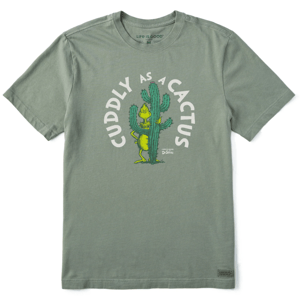 A green T-shirt with the text \“Cuddly as a Cactus\“ and an illustration of a character hugging a cactus, featuring Life is Good and Dr. Seuss branding.