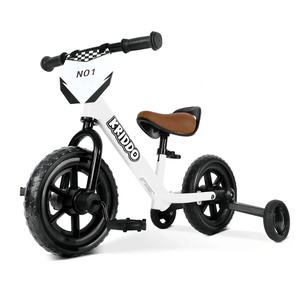A white balance bike with the brand name \“Kriddo,\“ featuring a brown saddle, training wheels, and a \“NO 1\“ label on the front.