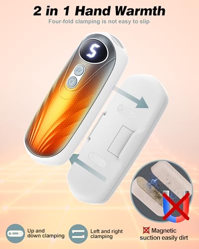 2 in 1 hand warmer with four-fold clamping to prevent slipping; features up and down, left and right clamping. The design avoids magnetic suction dirt issues.