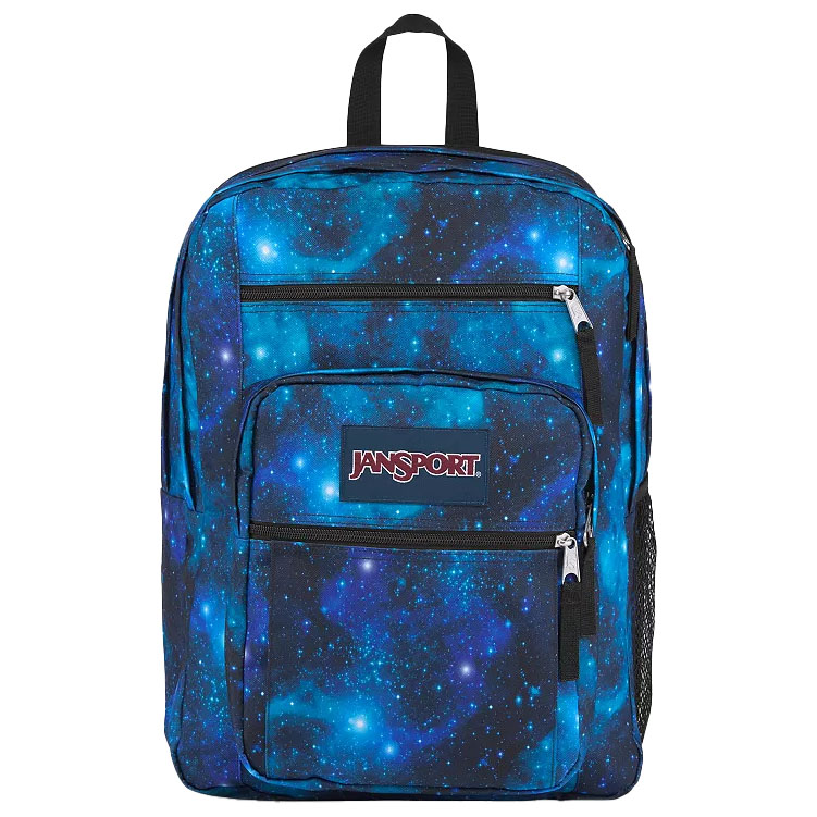 A JanSport backpack with a galaxy-themed design featuring blue and black colors, equipped with multiple zippered compartments and a mesh side pocket.