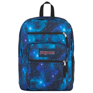 A JanSport backpack with a galaxy-themed design featuring blue and black colors, equipped with multiple zippered compartments and a mesh side pocket.
