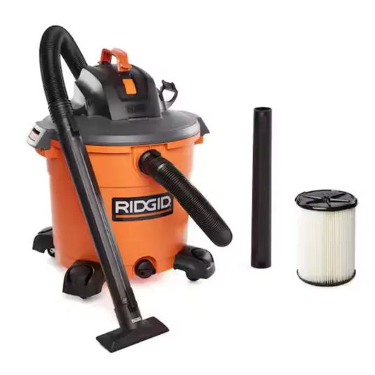 RIDGID wet/dry vacuum with an orange canister, black hose, and filter attachments, ideal for various cleaning tasks.