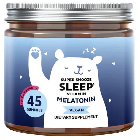 A jar of 45 vegan dietary supplement gummies labeled \“Super Snooze Sleep Vitamin Melatonin,\“ designed to aid sleep. The packaging features a bear illustration.
