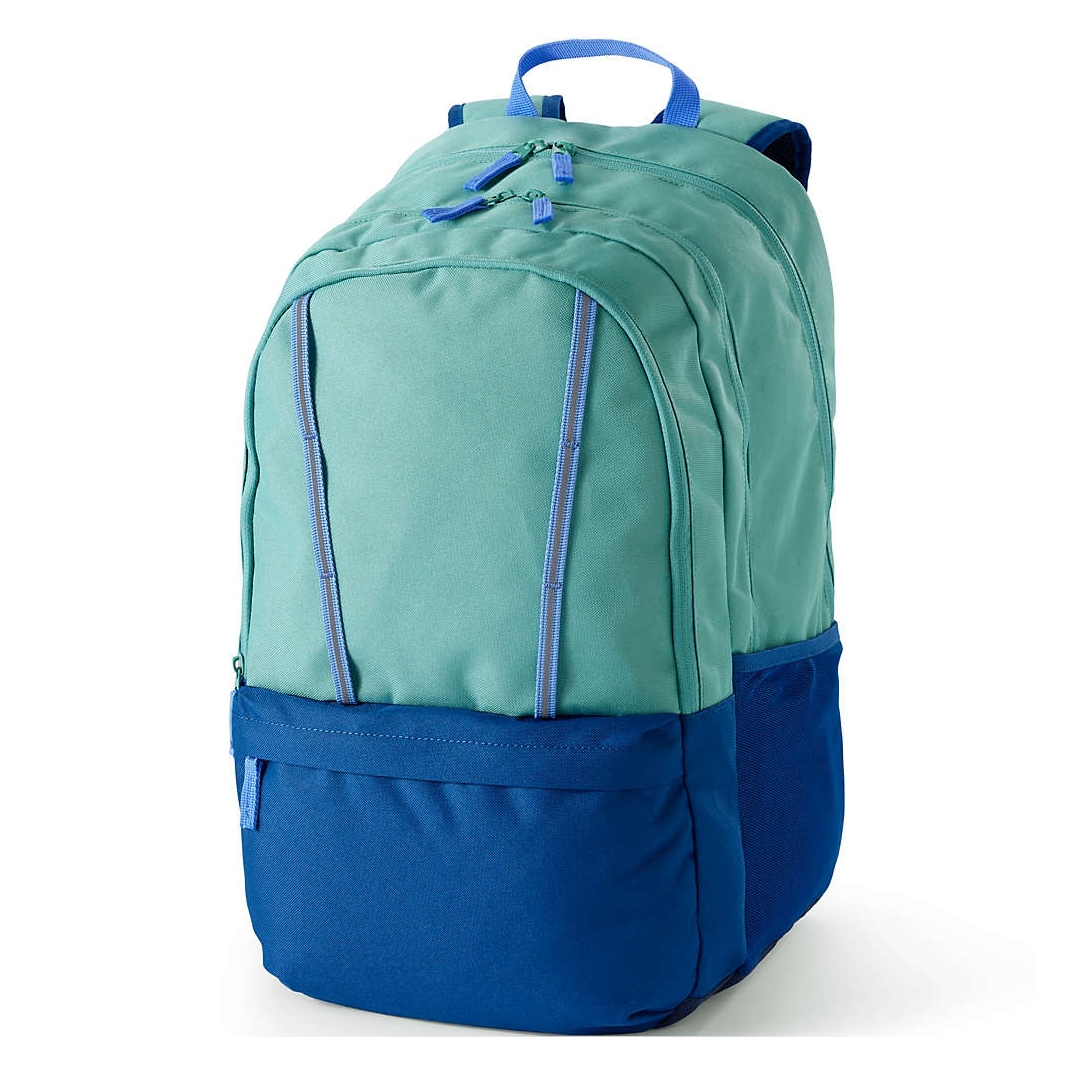 Lands' End Kids ClassMate XL Backpack is a two-tone backpack with teal and blue sections, featuring a large main compartment, front zipper pocket, and side mesh pockets for easy storage and organization.