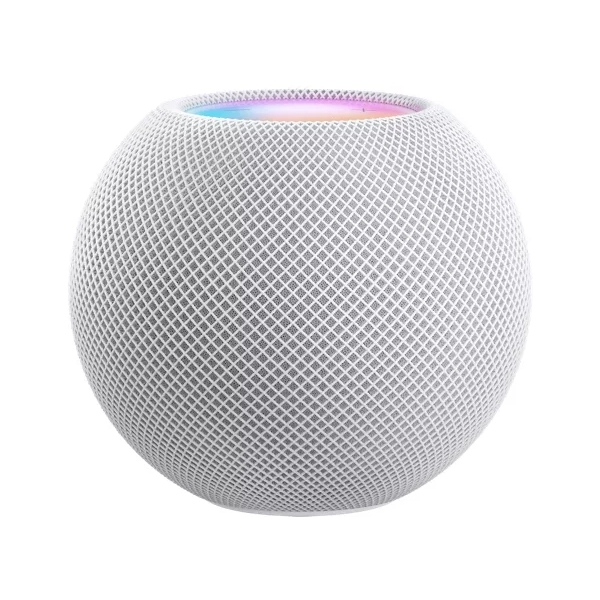 A white spherical smart speaker with a mesh exterior and a colorful light on top.