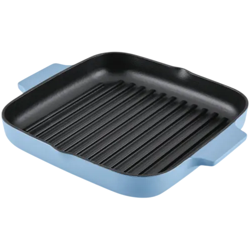 A blue square grill pan with ridged interior and dual handles.