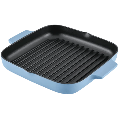 A blue square grill pan with ridged interior and dual handles.