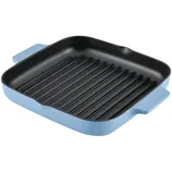 A blue square grill pan with ridged interior and dual handles.