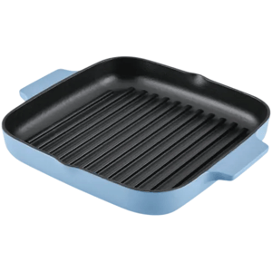 A blue square grill pan with ridged interior and dual handles.