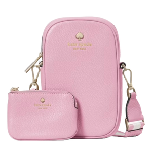 Kate Spade Leather Phone Crossbody in pink features a slim rectangular shape with a detachable strap and gold hardware. It includes a matching zippered pouch, both embossed with the brand logo.