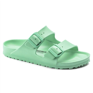 Pastel green Birkenstock EVA sandals with two adjustable buckles and a contoured footbed for comfort and support.
