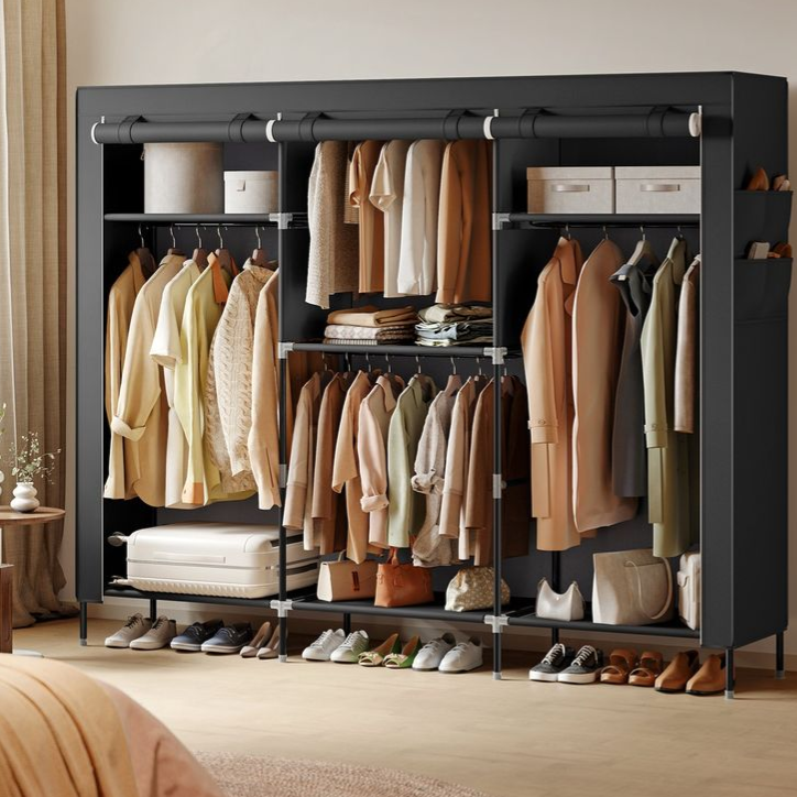 A SONGMICS freestanding wardrobe with multiple compartments is shown, displaying neatly organized clothing, shoes, and accessories in a bedroom setting.