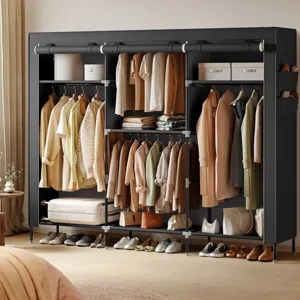 A SONGMICS freestanding wardrobe with multiple compartments is shown, displaying neatly organized clothing, shoes, and accessories in a bedroom setting.