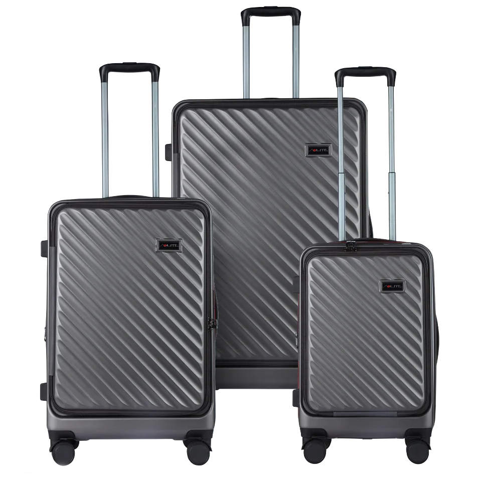 A set of three gray hardside suitcases featuring diagonal grooves, telescopic handles, and four wheels each for easy maneuverability. Sizes vary for storage versatility.
