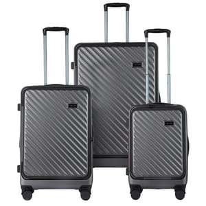 A set of three gray hardside suitcases featuring diagonal grooves, telescopic handles, and four wheels each for easy maneuverability. Sizes vary for storage versatility.