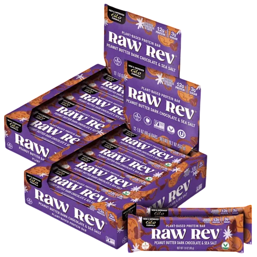 Raw Rev plant-based protein bars, flavor: peanut butter dark chocolate & sea salt. Contains 12 bars per box.