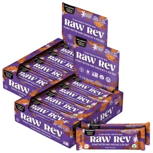 Raw Rev plant-based protein bars, flavor: peanut butter dark chocolate & sea salt. Contains 12 bars per box.