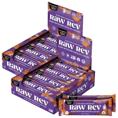 Raw Rev plant-based protein bars, flavor: peanut butter dark chocolate & sea salt. Contains 12 bars per box.