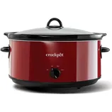 A red Crock-Pot slow cooker with a black dial featuring settings for Off, Low, High, and Warm.