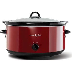 A red Crock-Pot slow cooker with a black dial featuring settings for Off, Low, High, and Warm.