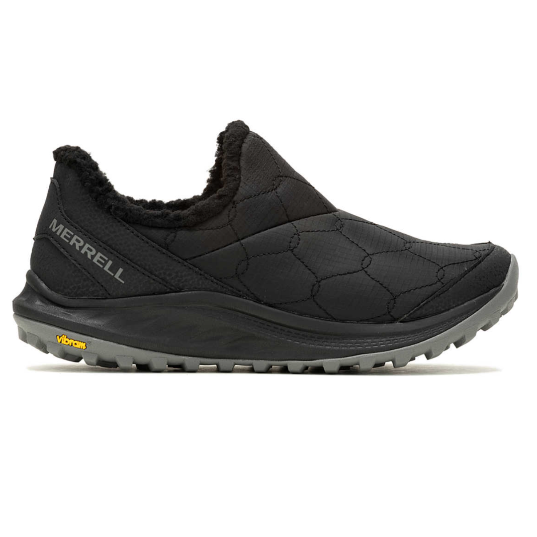 A black Merrell slip-on shoe with a quilted design and a Vibram sole, featuring a soft, fur-like lining for comfort.