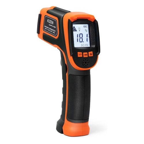 A black and orange digital thermometer gun