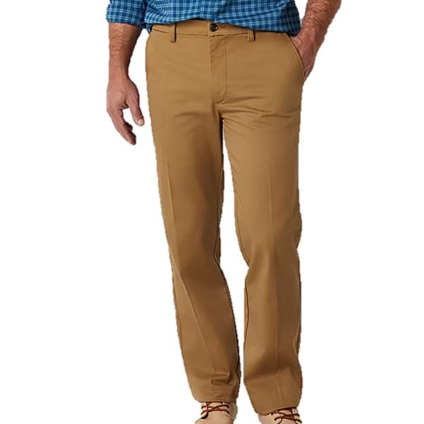 Khaki-colored pants with a straight fit, paired with brown shoes and a blue checkered shirt.