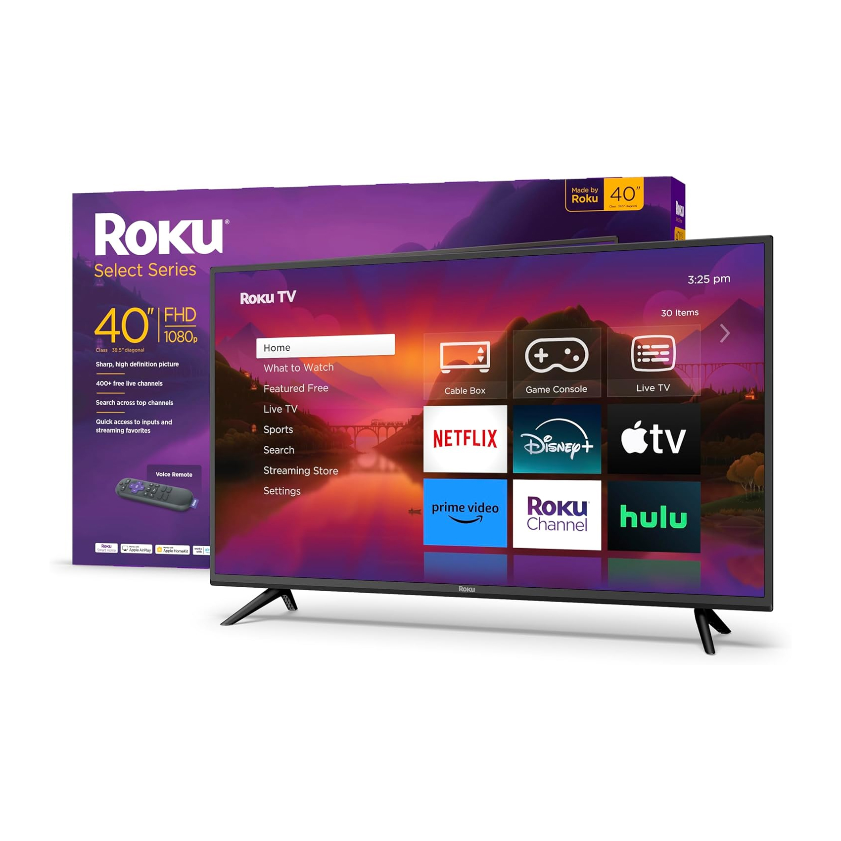 Roku 40\“ Select Series Smart TV features 1080p FHD, voice remote, and streaming apps like Netflix, Disney+, Prime Video, and Hulu. The box shows it offers 400+ free channels and easy access to inputs.