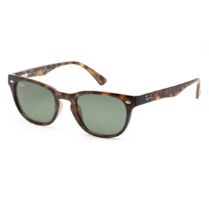 Tortoiseshell sunglasses featuring green lenses and a logo on the temples.