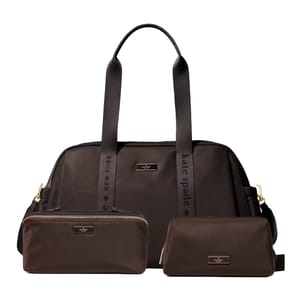 A set of three dark brown bags, including a large tote with \“Kate Spade New York\“ straps and two smaller accessory pouches with logo plaques.