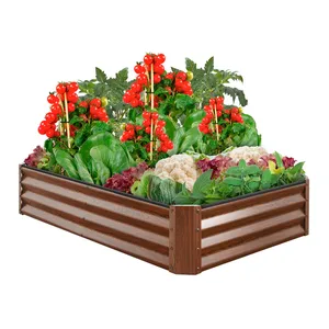 A raised garden bed with wooden sides contains various vegetables, including tomatoes, lettuce, spinach, cauliflower, and herbs.
