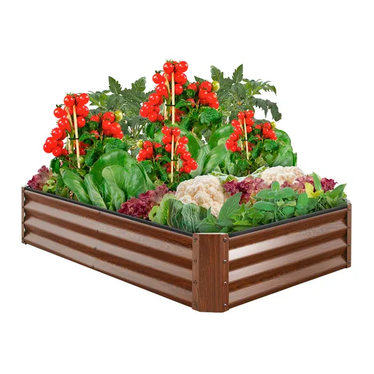 A raised garden bed with wooden sides contains various vegetables, including tomatoes, lettuce, spinach, cauliflower, and herbs.